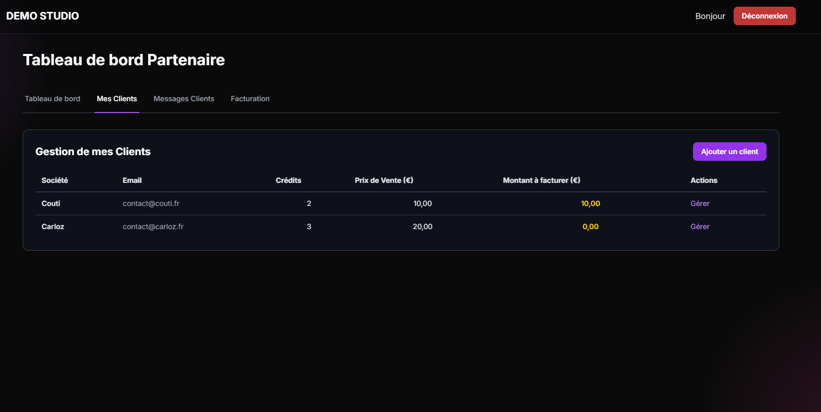 Aperçu de l'interface partenaire 2